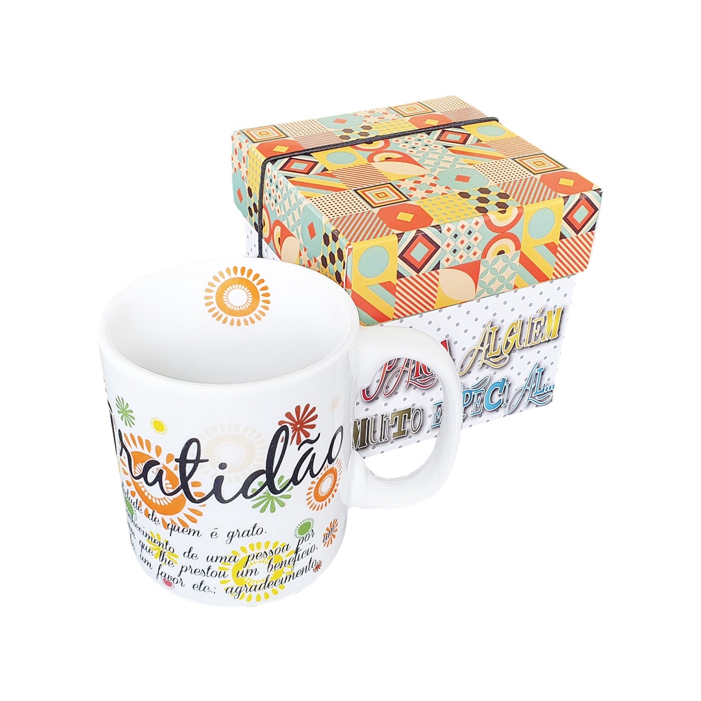 Caneca de Porcelana 300 ml Gratidão com Caixa de Presente