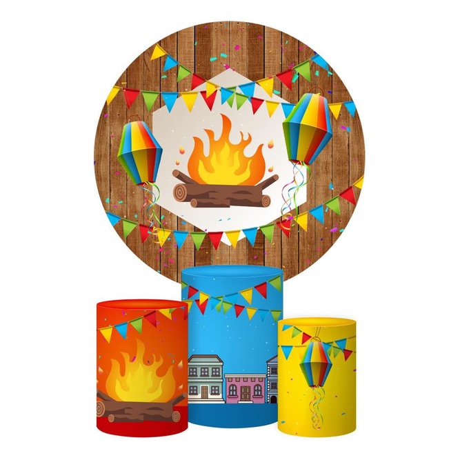 Trio Capas Cilindro + Painel Redondo Festa Junina Arraiá 1,5m Tecido São João Decoração Veste Fácil