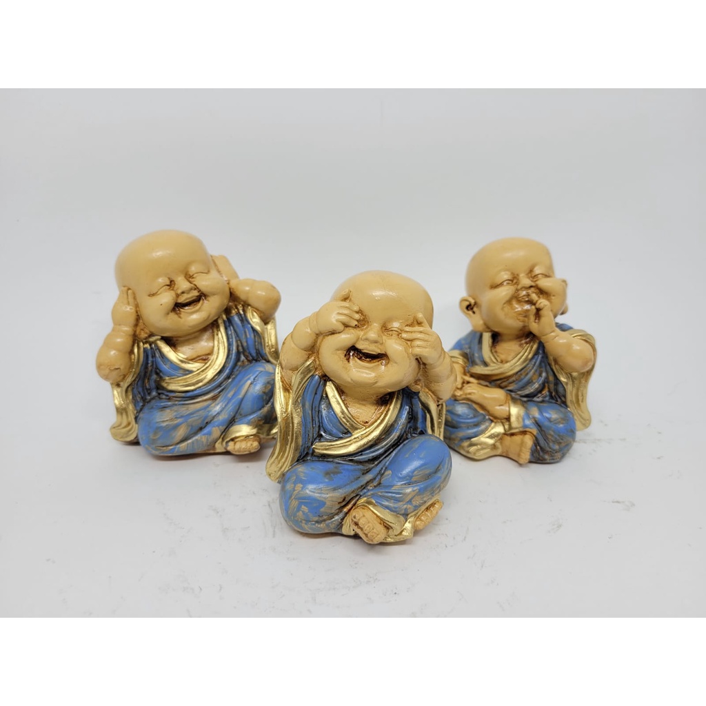 Trio de Buda Decoração Monges Budas Bebê Sabedoria Cego Surdo e Mudo 8 cm Jardim Zen Monge Novo