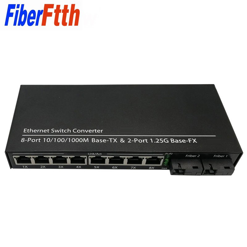 Conversor De Mídia De Fibra Óptica Gigabit Ethernet switch 10/100/1000M 8 RJ45 UTP E 2 SC Porta