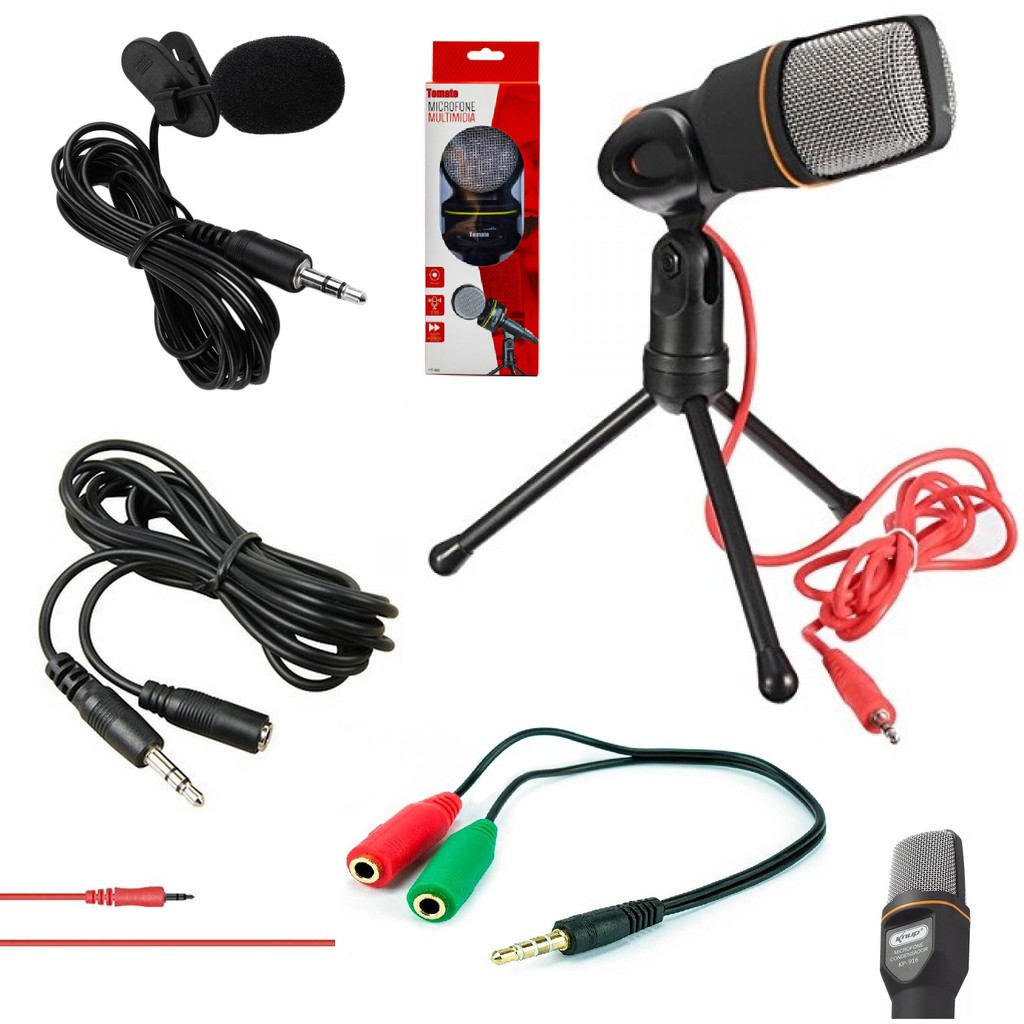 Kit Lapela + Microfone De Mesa Profissional Condensador + Extensão Adaptador Para Celular Stereo Pc Youtuber