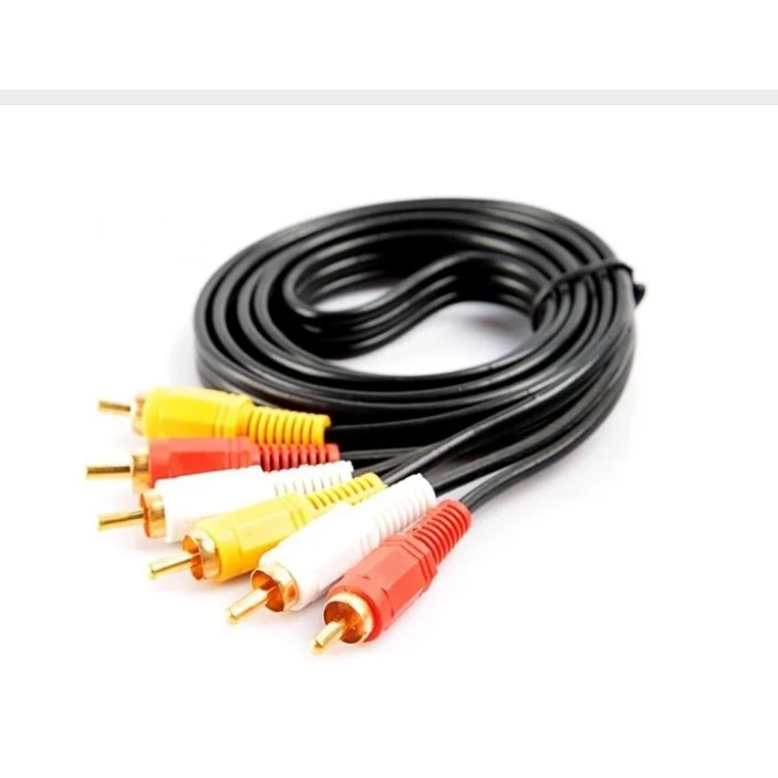 Cabo Video Composto RCA 3+3 blindado com fio Coaxial. Plugs Dourados. Amarelo Vermelho Branco. Tamanho: 20 Metros.