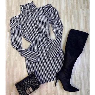 Vestido curto gola alta manga longa bufante pied poule feminino moda