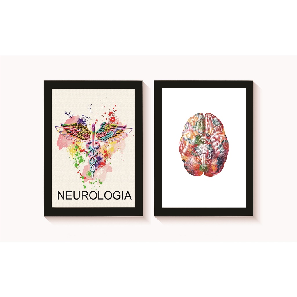 Kit 2 Quadros Decorativos Símbolo de Medicina Cérebro Neurologia Medicina Consultório Molduras 20x30cm Madeira