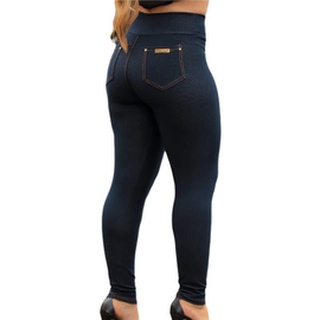 Calça Legging fak Jeans coton Cintura Alta Com Bolso atrás Costura Reforçada