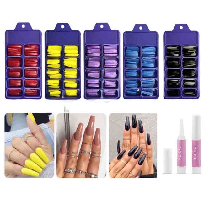 Kit 100 Pcs Unhas Postiças Bailarina Longa Decoradas Kit / Unhas Autocolantes / DIY Pronto entrega FAn