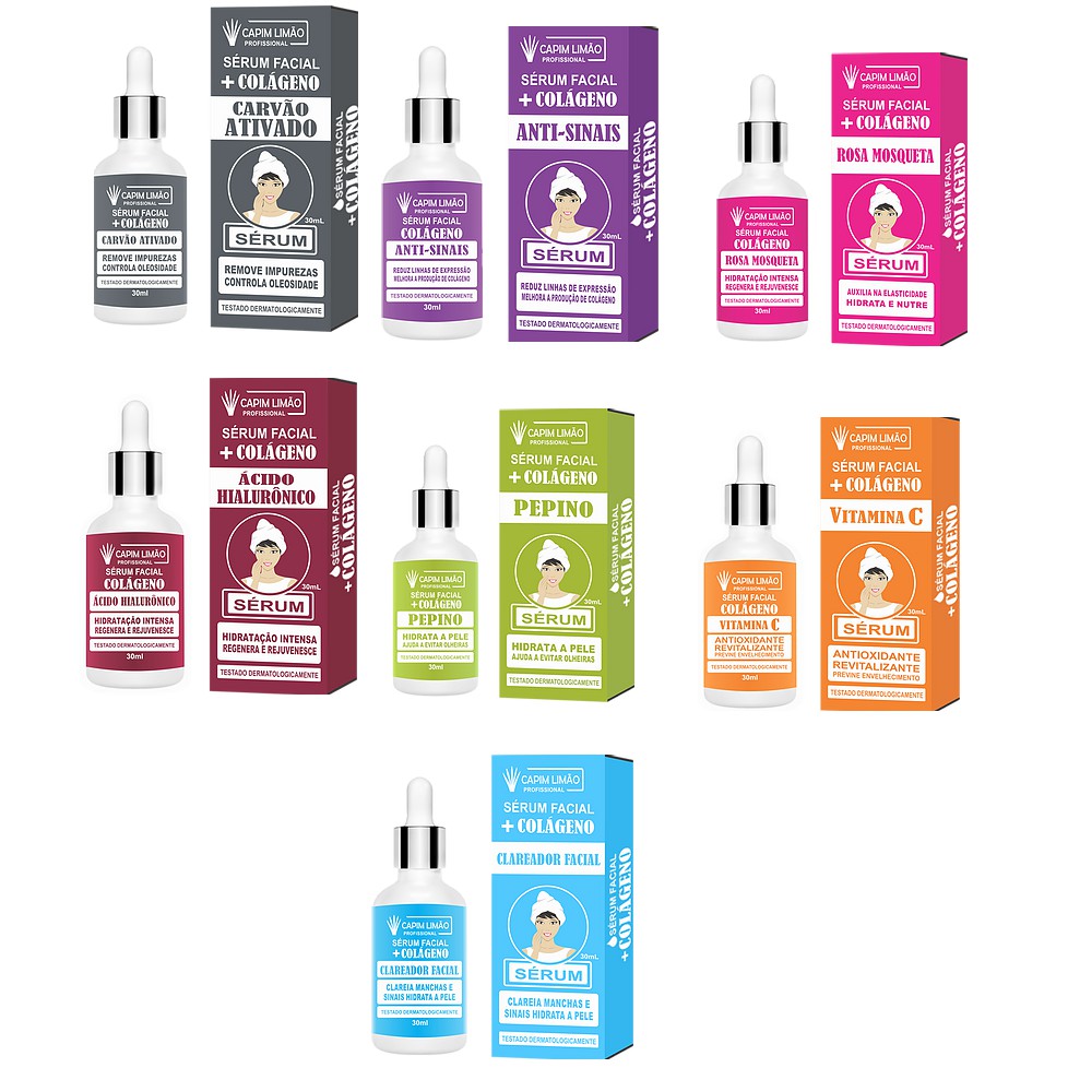 SÉRUM FACIAL Carvão Ativado/Anti-sinais/Rosa Mosqueta/Ácido Hialurônico/Pepino/Vitamina C/Clareador Facial Capim Limão 30ML