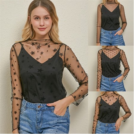 Blusa de Tela Transparente com Manga Longa Feminina para Verão