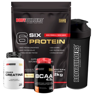 Kit Whey Protein Concentrado 6 Six Protein 2kg + Power Creatina 300g + BCAA 4,5 100g + Coqueteleira - Aumento de Massa Muscular- Bodybuilders