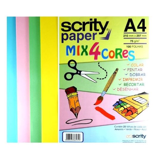 Papel Sulfite Colorido A4 com 4 Cores Fortes Scrity Pct 100 Folhas ...