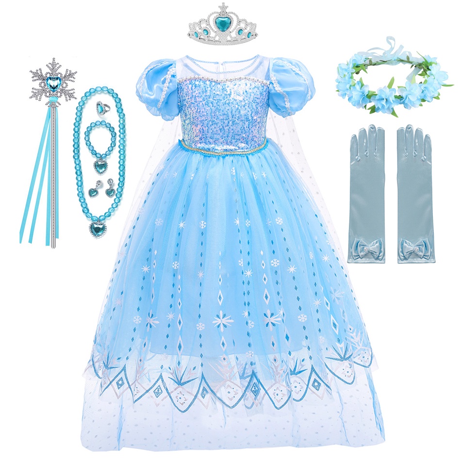 K74 Frozen Elsa Coroa Vestido De Princesa Luvas De Lantejoulas Baile Para A Menina Crianças Fantasia Roupas De Festa De Aniversário Cosplay Rainha Da Neve Traje
