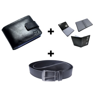 Kit Carteira Masculina Couro legítimo de fecho + porta cartão + Cinto em Sintético