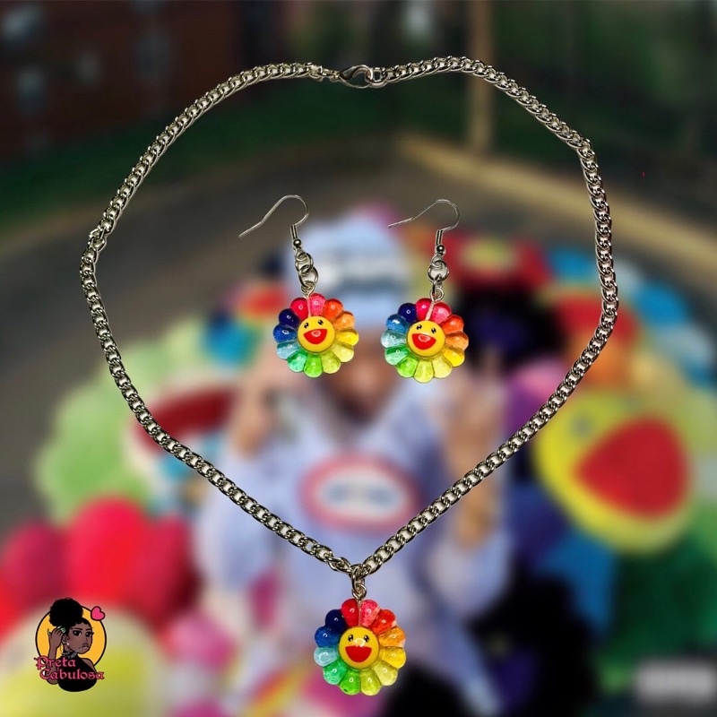 Colar e brinco flor Takashi Murakami | flor colorida sorridente aesthetic  pop y2k hiphop moda | Shopee Brasil