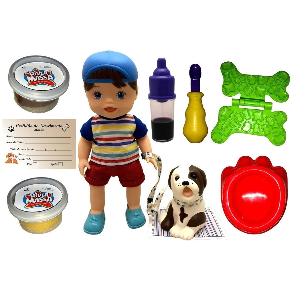 Boneco Bebê Criança Menino Moreno Moderno My Pet Cachorro Bulldog Inglês E Acessórios - Divertoys