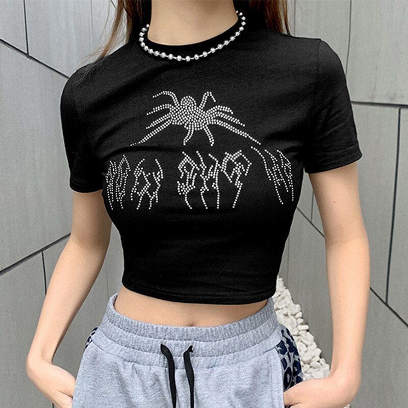 Camiseta Punk Vintage Strass Gótico Gráfica Feminina Estilo Y2K Cropp Top O-Neck Preto Manga Curta