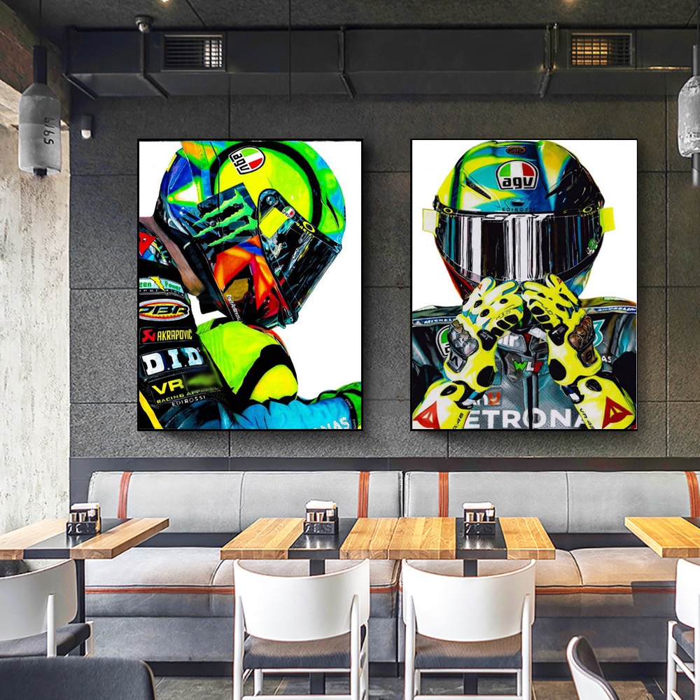 Quadro decorativo 2 peças 40x60 Valentino rossi motogp impressão moto aquarela racer capacete para sala quarto