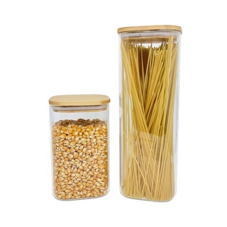 Kit 2 Potes De Vidro Mantimentos Quadrados 1900/1100ml C/tampa Bambu - Oikos