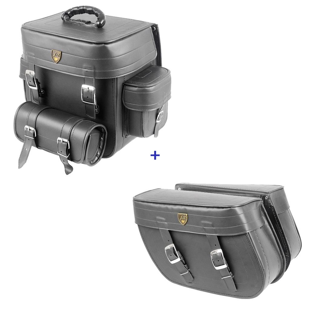 Kit Viagem Alforge Traseiro 29 Litros Couro Sintético Liso + Alforge Lateral Losango 32 Litros Couro Sintético Liso