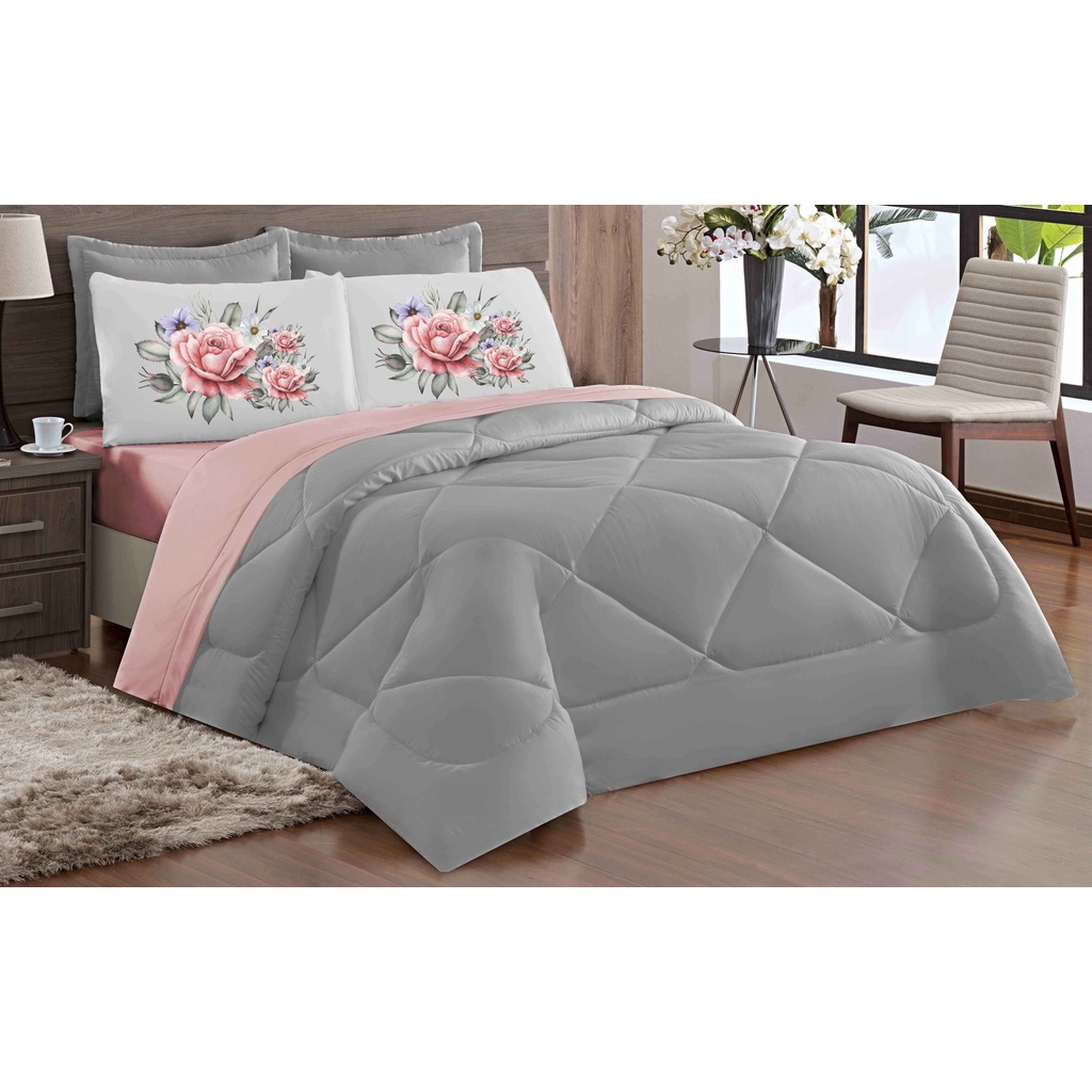 Kit Cobre Leito Casal Queen Bouquet Dupla Face Rosa Cinza