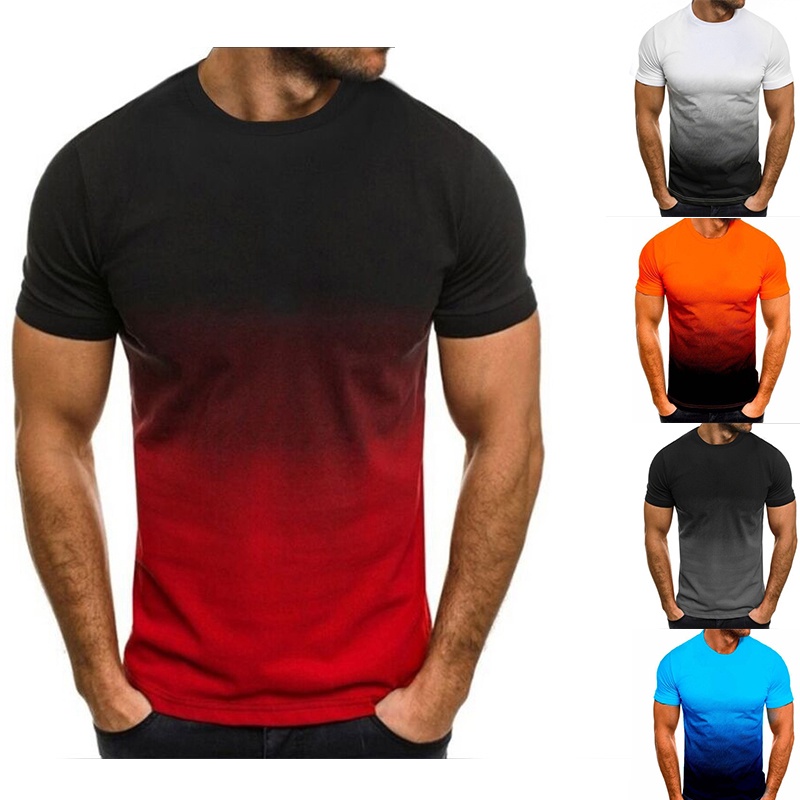 (5 Cores) Camiseta Masculina Esportiva De Manga Curta Com Gola Redonda Em Degradê E Estilo Europeu Americano