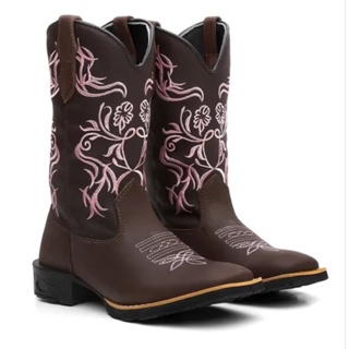 Bota Texana Feminina Country Bico Quadrado Em Couro Solado De Borracha Costurado Tribal Rosa em Oferta na Shopee