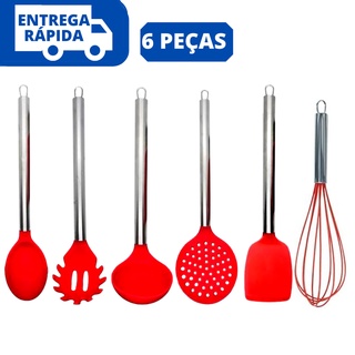Kit Utensilíos de Cozinha Jogo de Silicone Maciço 6 Peças Cabo 100% Inox