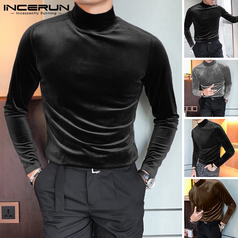 INCERUN Masculino Casual Veludo Manga Longa Pescoço Alto Slim-Fit Pullover Top