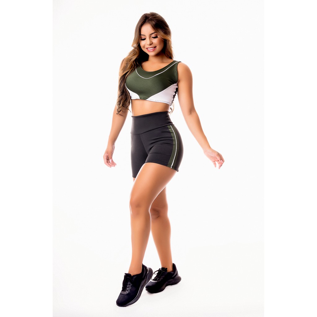 Conjunto Fitness Academia Short Legging Cintura Alta e Cropped Top Regata Tecido Sem Transparência