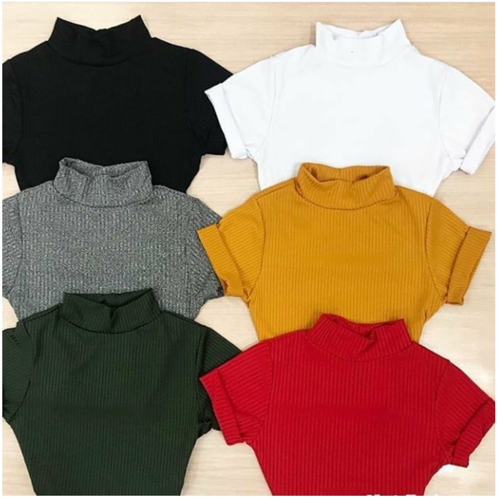 Cropped Blusa Gola Alta Canelado Feminino Moda Verão Manga Curta Blogueira Gringa Sem Bojo