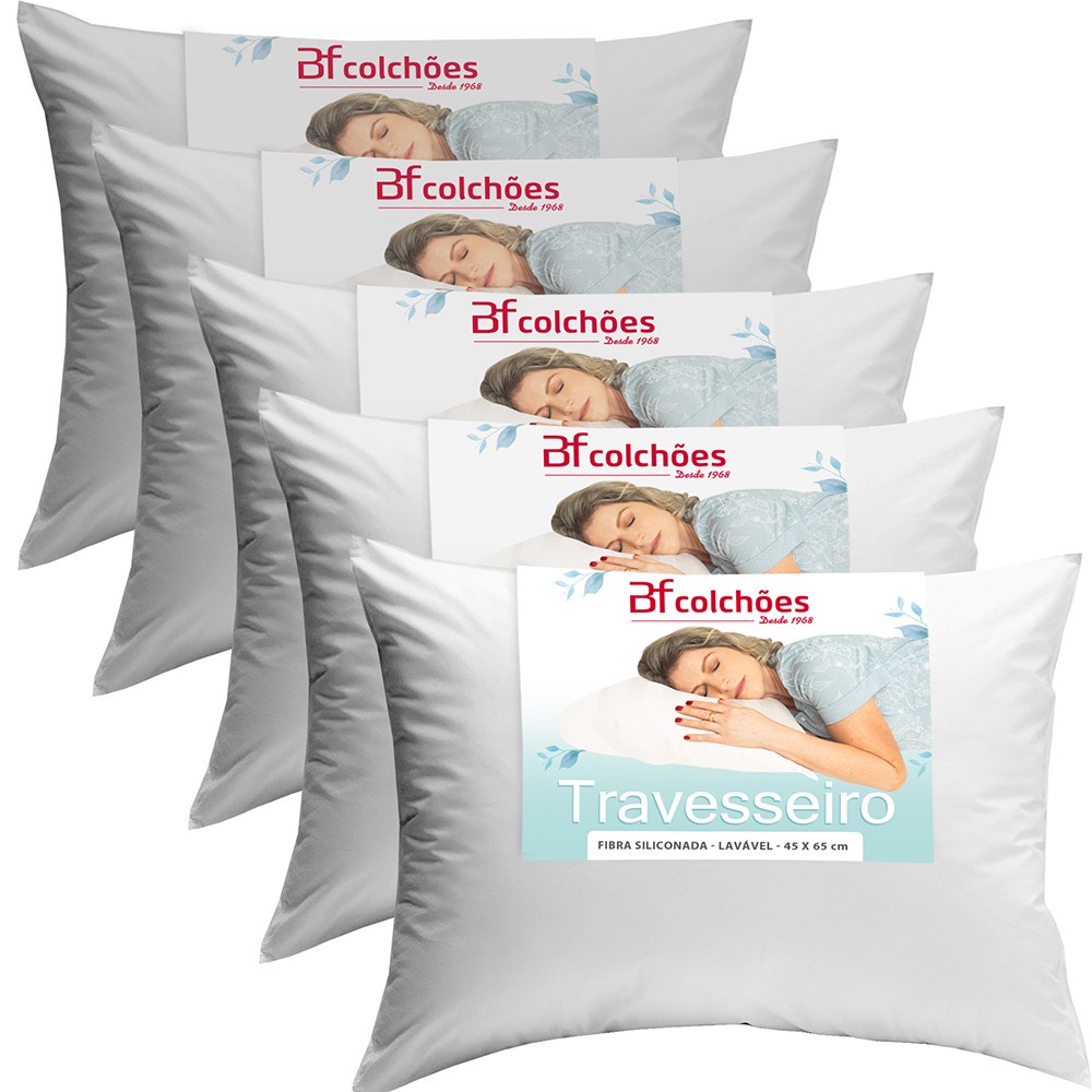 Kit 5 Travesseiros Antialérgico de Fibra Macio Lavável 45X65 BF Colchões