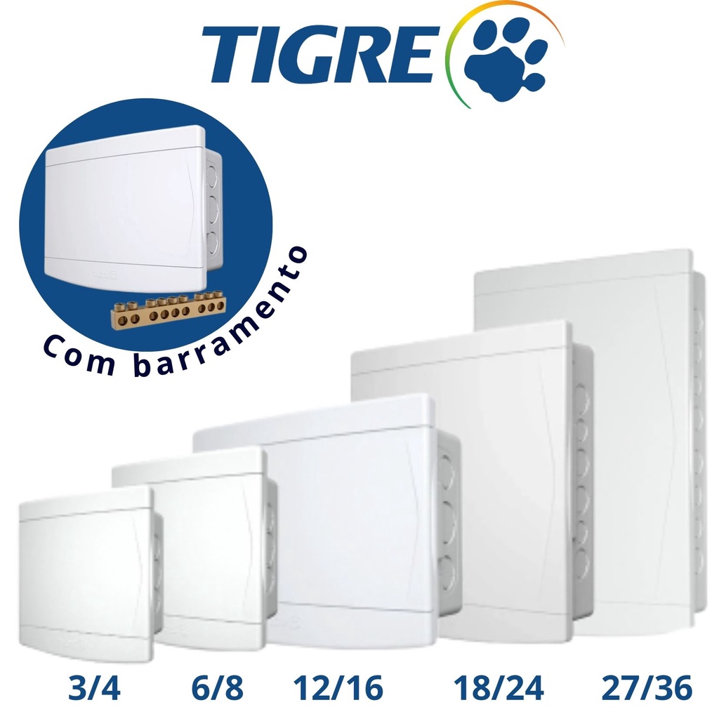 Quadro de Distribuição de Disjuntores Centrinho de Disjuntor Tigre 8 ou 16 ou 24 Disjuntores Branco Com Barramento ou Sem Barramento