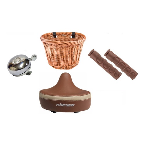 Kit Bike Retro Vintage Selim Manopla Couro Cesta Vime Marrom