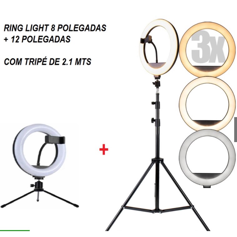 Kit Iluminador Led Ring Light 8 Polegadas e Ring Light 12 Polegadas Com Tripé 360º