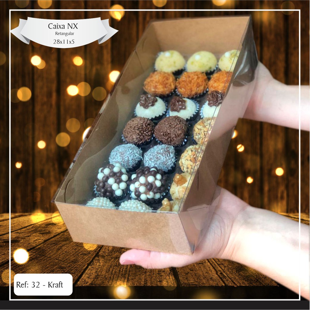 10~50  Caixas Embalagem Para Presentes 21 Doces Com Visor em  Acetato KRAFT 28x11x5 - Ref. 32NX.