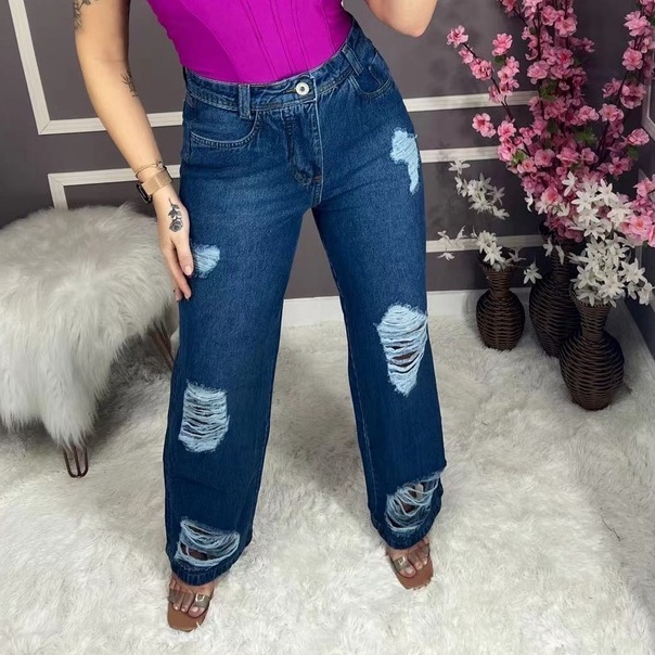 CALÇA JEANS WIDE LEG FEMININA PANTALONA RASGADA SEM LYCRA  (calça tamanho normal)
