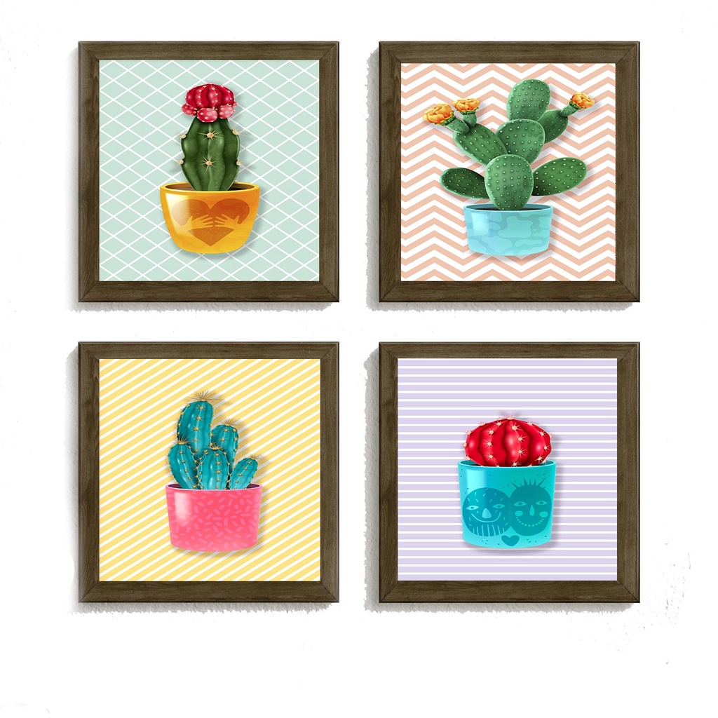 KIT - 4 Quadros Decorativos - 23x23cm cada- com vidro - Cactos / Cactos Com Flores / Coloridos