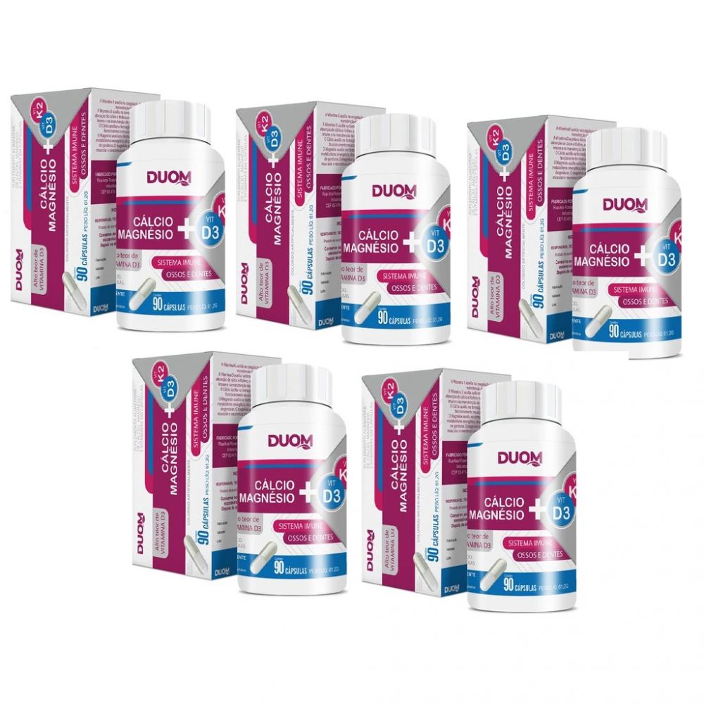 Kit C/ 5 Cálcio Magnésio 90 Cápsulas + Vitamina D3 Vit K2 Original Duom
