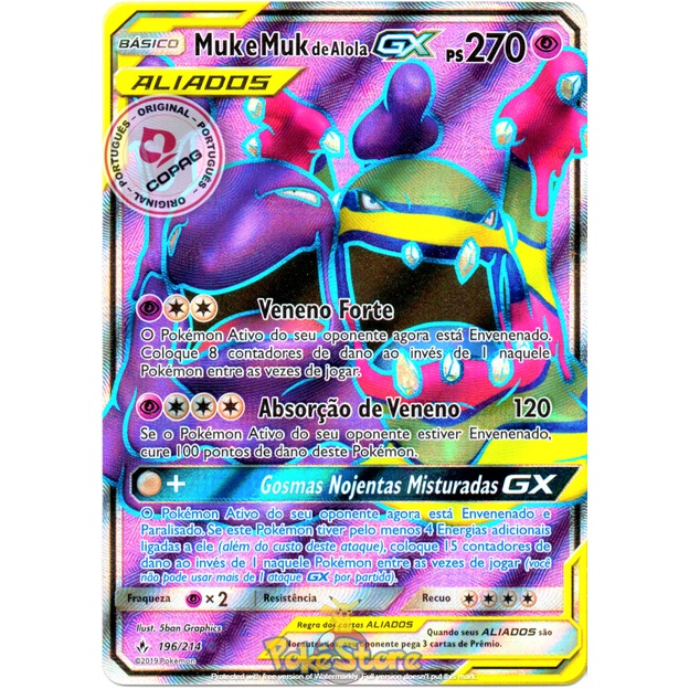Carta Pokemon Muk e Muk de Alola GX Aliados Full Art Português 196/214 Original Copag