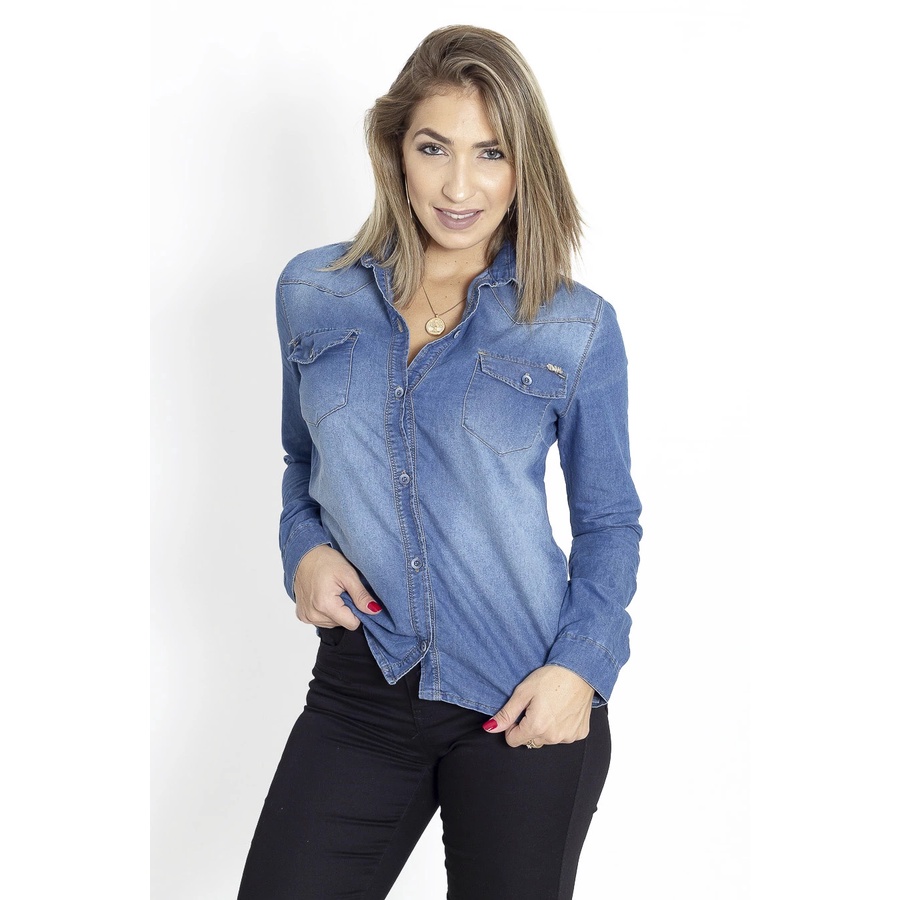 yesterday Artificial resistance Camisa Jeans Feminina Lavagem Escura Com Bolso | Shopee Brasil