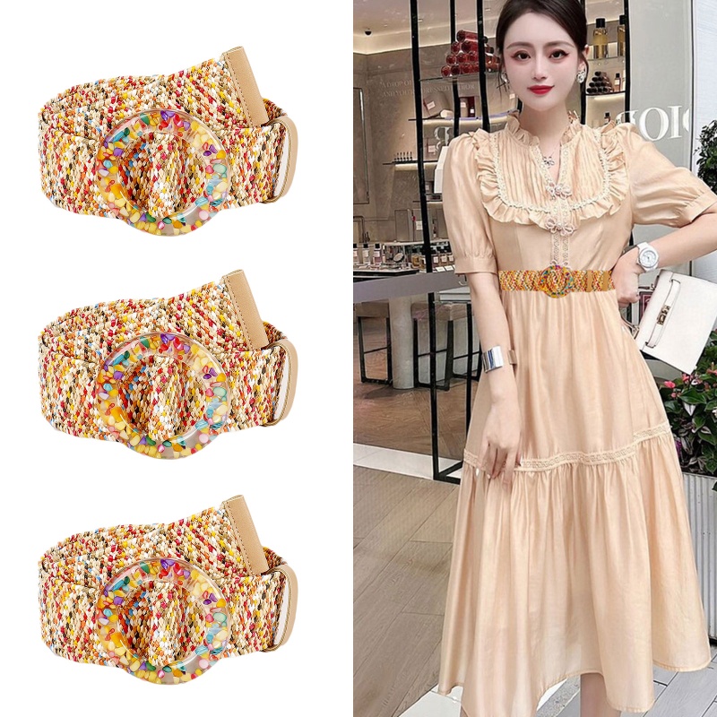 GODD Antigo Boêmio Palha Trançado Cinto Largo Para Mulheres Fivelas Coloridas Senhoras Vestido Moda Feminina Cinta Acces