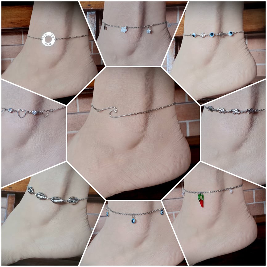 Tornozeleira Feminina  Aço Inox cirurgico Figa Olho Grego Strass Onda Estrela Coração Tartaruga Pedra Pingente prata em Oferta na Shopee