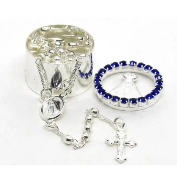 Terço colar com relicário Prateado ou Dourado com pérola de Nossa senhora Aparecida