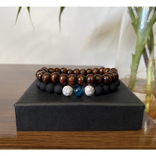 Kit 2 Pulseira Masculina Feminina Preta Fosca Madeira Pedra Natural
