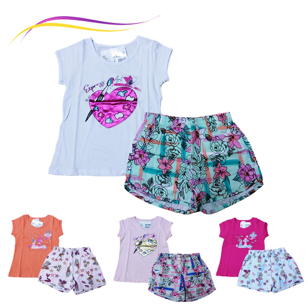 Roupa infantil menina conjunto feminino blusa + short cotton - alenice