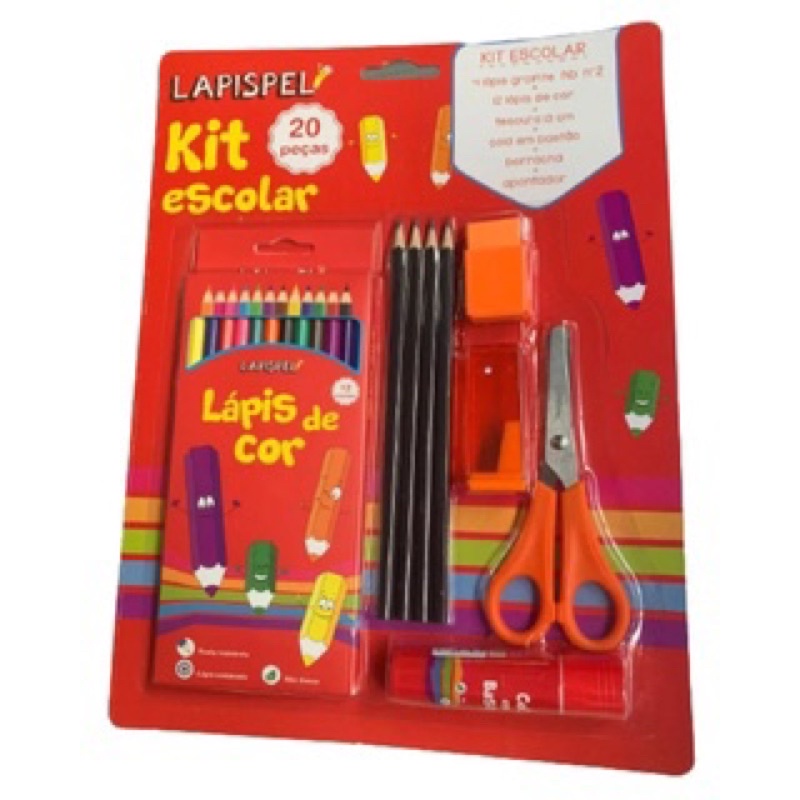 Kit EscolarL ápis Cor Borracha+ Acessórios Lápis Grafite, Tesoura, Cola Bastão, Apontador
