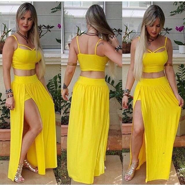 Conjunto Feminino Saia Longa Com Shortinho e Cropped Forrado Natal Festas MOda Gringa Roupas Feminina