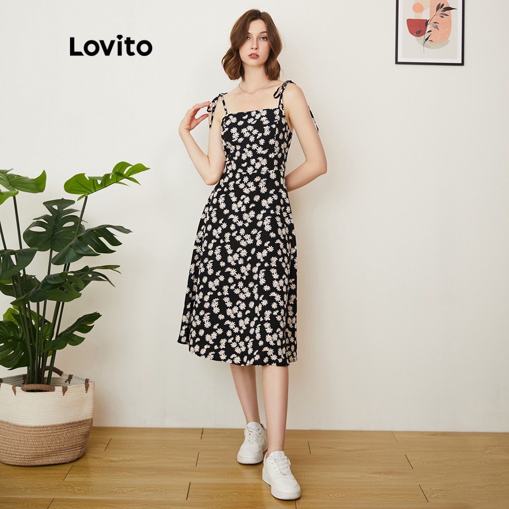 Lovito Vestido Casual Florido com Suspensórios L24AD135 (Preto)