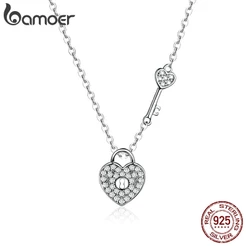 Bamoer Pure 925 Sterling Silver Limpar Cz Coração Bloqueio E Link Chave Cadeia Gargantilha Colar Para As Mulheres Declaração De Jóias De Luxo Scn315