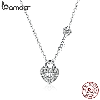 Bamoer Pure 925 Sterling Silver Limpar Cz Coração Bloqueio E Link Chave Cadeia Gargantilha Colar Para As Mulheres Declaração De Jóias De Luxo Scn315