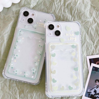 Caixa Para iPhone 11 14 13 Pro Max Ins Fresh Spring Card Design De Armazenamento De Cartão De Mola Verde Love Flower TPU Capa Protetora Anti-Riscos 12 XR